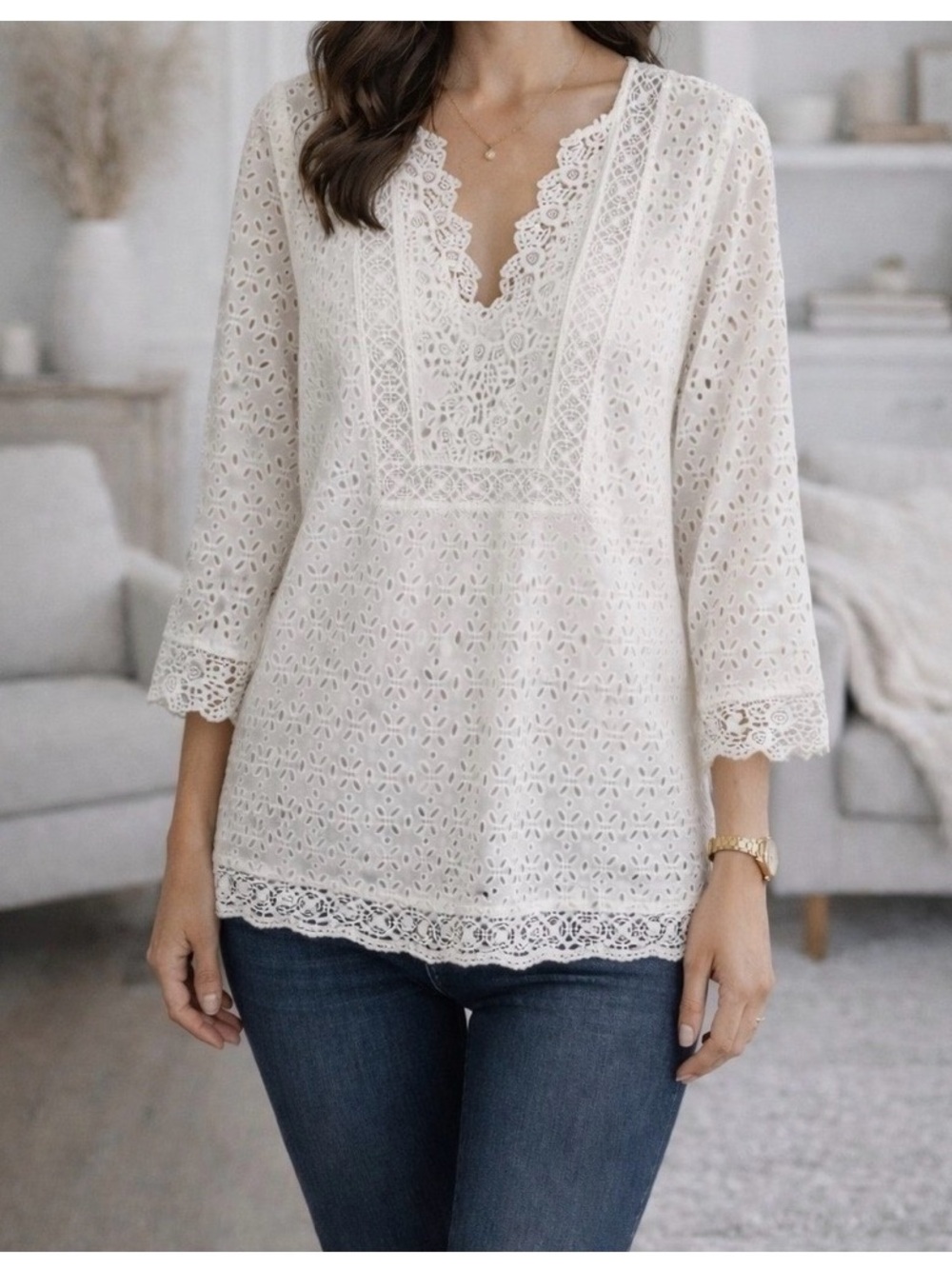 J. Jill White Eyelet Lace V-Neck Blouse
